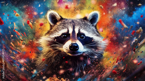 Raccoon among explosions of multi colored paint. Multicolored fluid. AI Generative.