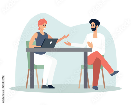 Man and woman sitting at table and talking. Young people having conversation in modern restaurants. Friends meeting in cafe and spending time together. Vector