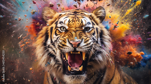Tiger among explosions of multi colored paint. Multicolored fluid. AI Generative.