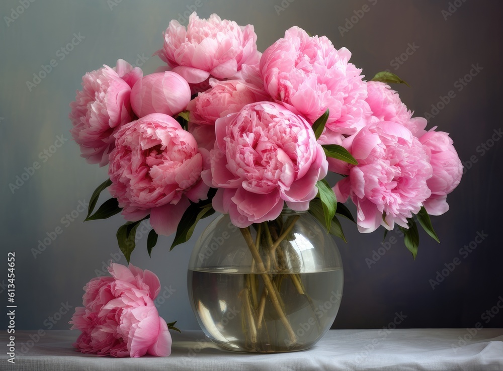 Vase with beautiful peony flowers on table. Created with Generative AI technology. Vase with beautiful peony flowers on table. Created with Generative AI technology.