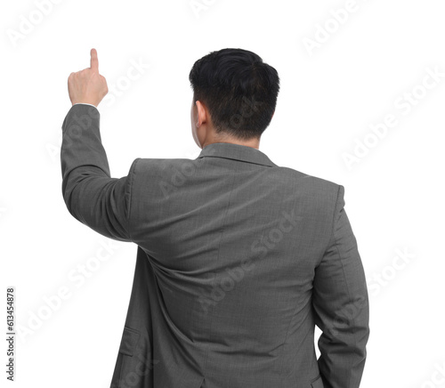 Businessman in suit posing on white background, back view