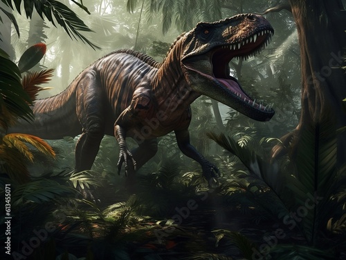 Dinosaur on tropical jungle background. Generative AI © Olena