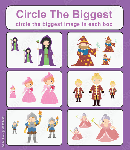 Educational game for preschool and kindergarten children circle the biggest object in each box of cute cartoon character fairytale mediaeval kingdom theme. Printable activity page for kids. 