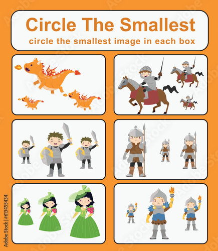 Educational game for preschool and kindergarten children circle the smallest object in each box of cute cartoon character fairytale mediaeval kingdom theme. Printable activity page for kids. Vector fi