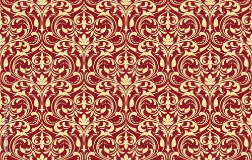 Wallpaper in the style of Baroque. Seamless vector background. Gold and red floral ornament. Graphic pattern for fabric, wallpaper, packaging. Ornate Damask flower ornament