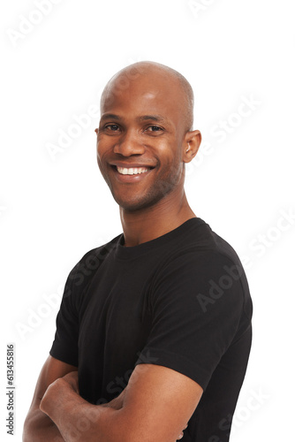 Face, portrait of a black man with his arms crossed and happy isolated against a transparent png background. Confident or proud, Kenya or happiness and young African male person pose with a smile