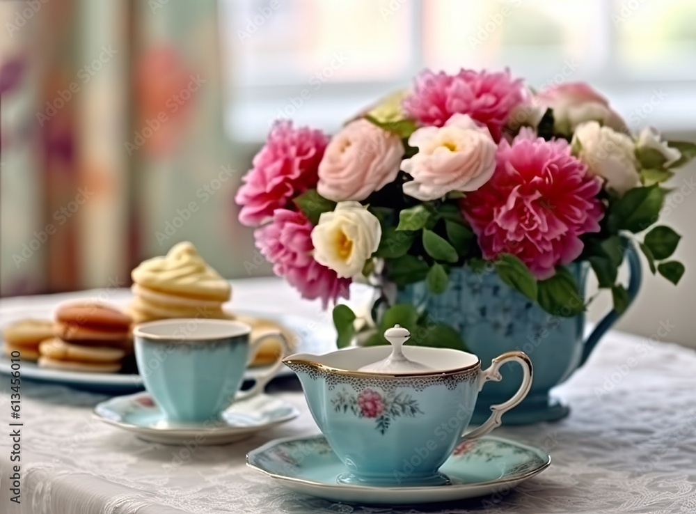 Close-up of small pink flowers bouquet in glass vase with blurred soft focused background of pink cup of tea or coffee and opened book by the window. Created with Generative AI technology. Close-up of small pink flowers bouquet in glass vase with blurred soft focused background of pink cup of tea or coffee and opened book by the window. Created with Generative AI technology.