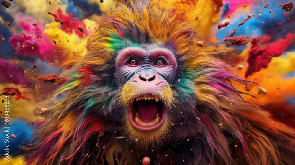 Monkey among explosions of multi colored paint. Multicolored fluid. AI Generative.