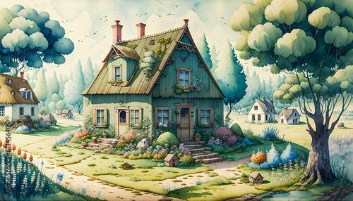 Charming Abodes  Watercolor Countryside Landscape with Old Houses Amidst Nature.  Generative AI