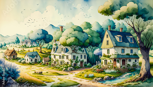 Charming Abodes  Watercolor Countryside Landscape with Old Houses Amidst Nature.  Generative AI