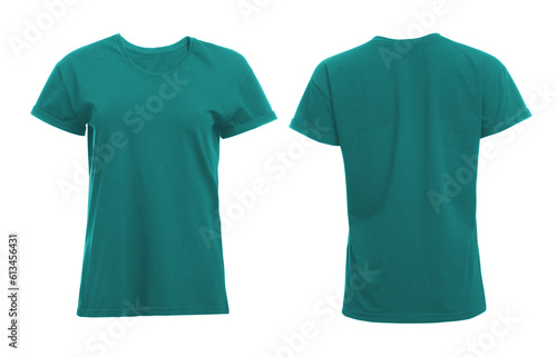 Front and back views of teal women's t-shirt on white background. Mockup for design