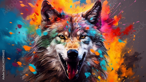 Wolf among explosions of multi colored paint. Multicolored fluid. AI Generative. © EltaMax99