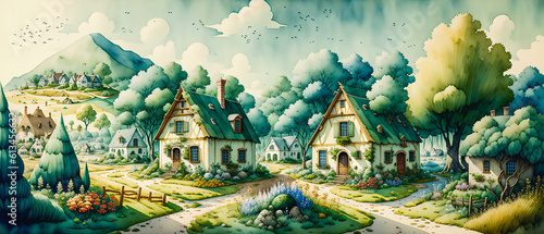 Charming Abodes: Watercolor Countryside Landscape with Old Houses Amidst Nature.
