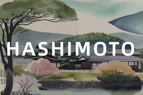 Beautiful watercolor painting of a Japanese scene with the name Hashimoto in Wakayama