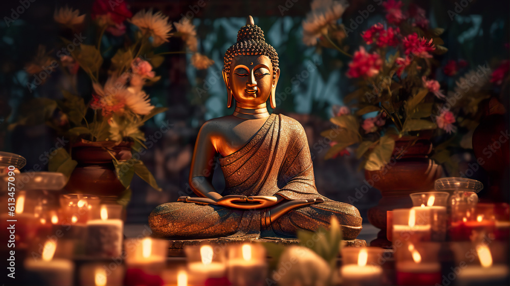 Sacred Reflections: Buddha Statue with Candlelight in a Serene Natural Environment