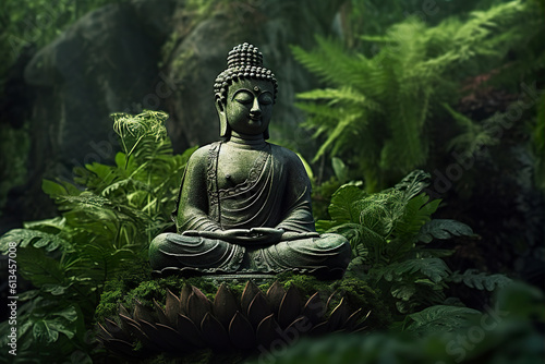 buddha statue in green zen environment