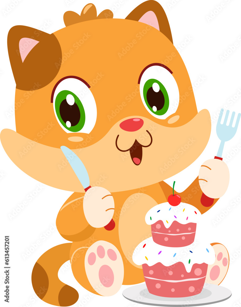 Cute Baby Cat Cartoon Character Is Looking At A Cake With A Knife And Fork. Vector Illustration Flat Design Isolated On Transparent Background Cute Baby Cat Cartoon Character Is Looking At A Cake With A Knife And Fork. Vector Illustration Flat Design Isolated On Transparent Background