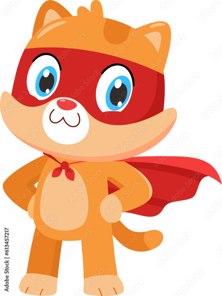 Cute Baby Cat Cartoon Character Super Hero. Vector Illustration Flat Design Isolated On Transparent Background