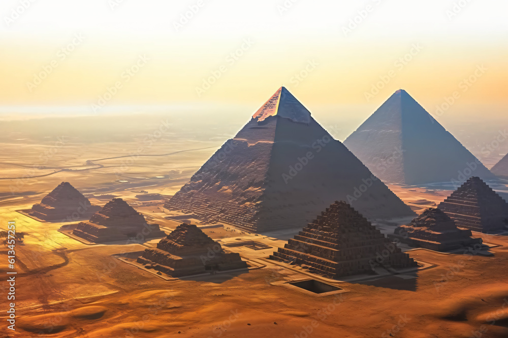 The Pyramids of Giza Egypt in the morning the sun shines. Generative AI