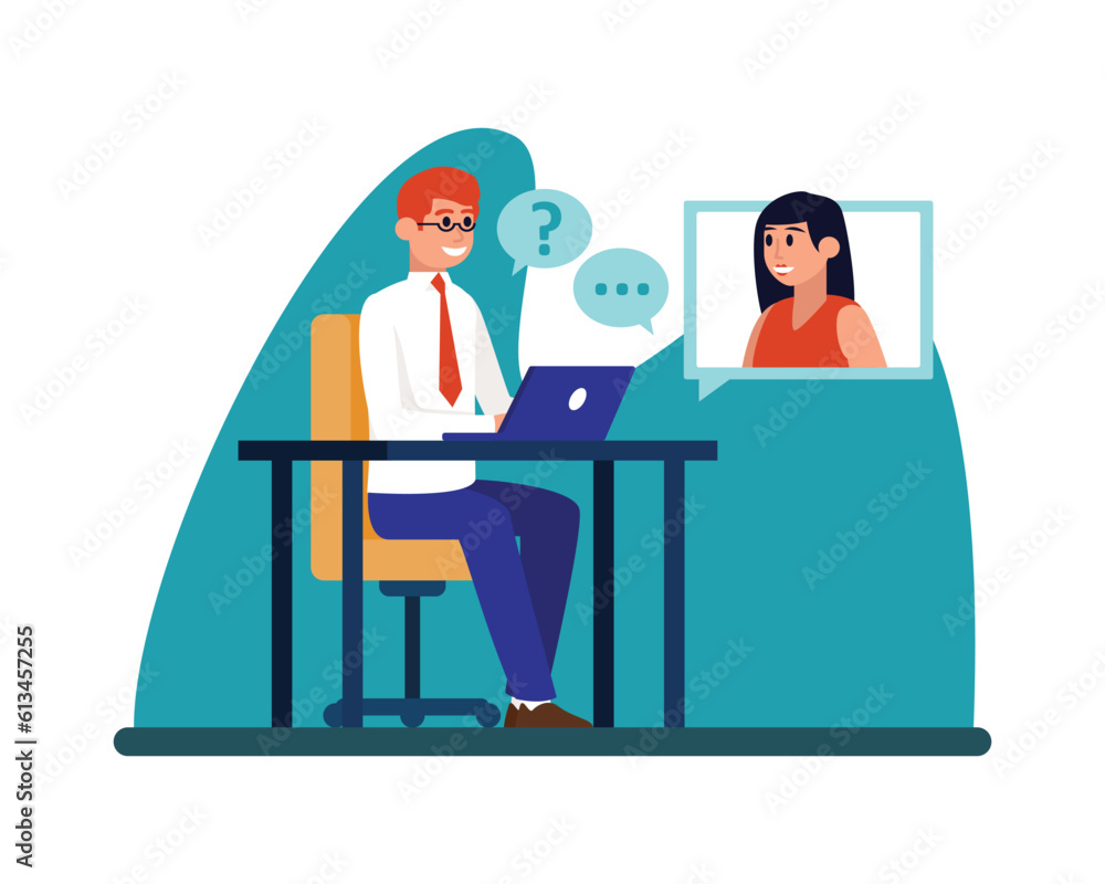 Smiling red haired cartoon guy doing online interview on his laptop. Process of selecting resumes and employment interviewing. Human resource management. Vector