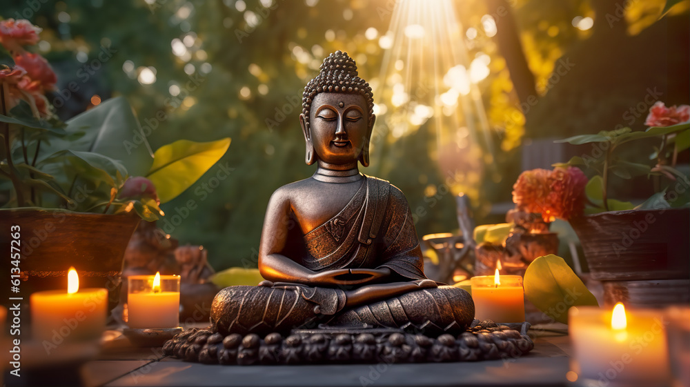 Serenity in Nature: Buddha Statue Surrounded by Candlelight