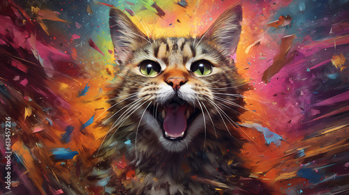 Cat among explosions of multi colored paint. Multicolored fluid. AI Generative.