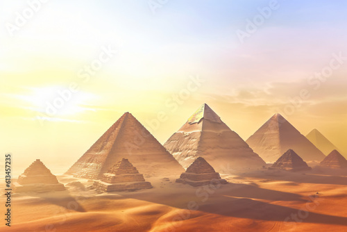 The Pyramids of Giza Egypt in the morning the sun shines. Generative AI