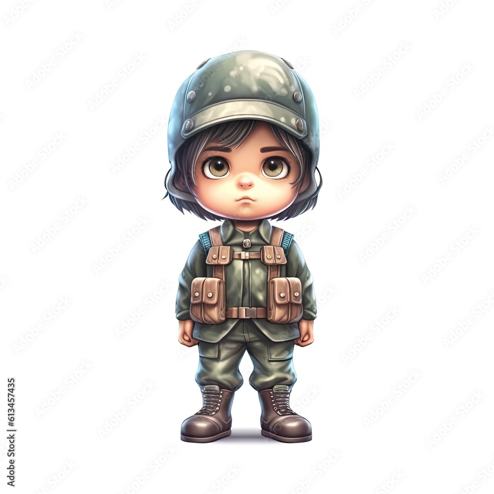 Cute Soldier character isolated on white background. Colorful painting illustration. Generative AI