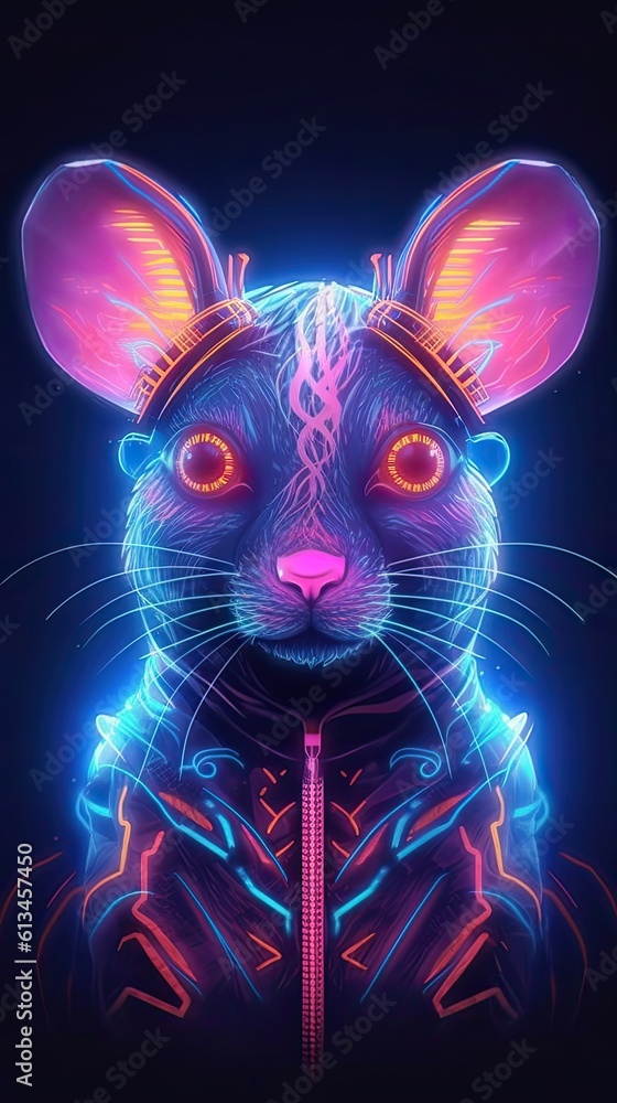 Neon light Rat animal on black background. Portrait of glow light animal. Generative AI