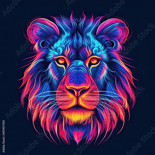 Cute Lion animal in neon style. Portrait of glow light animal. Generative AI