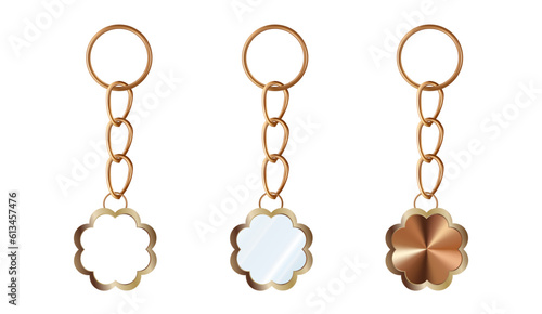 A set of copper, bronze key chains in the shape of a flower. Chains made of metal or alloy. Metal key holders isolated on white background.