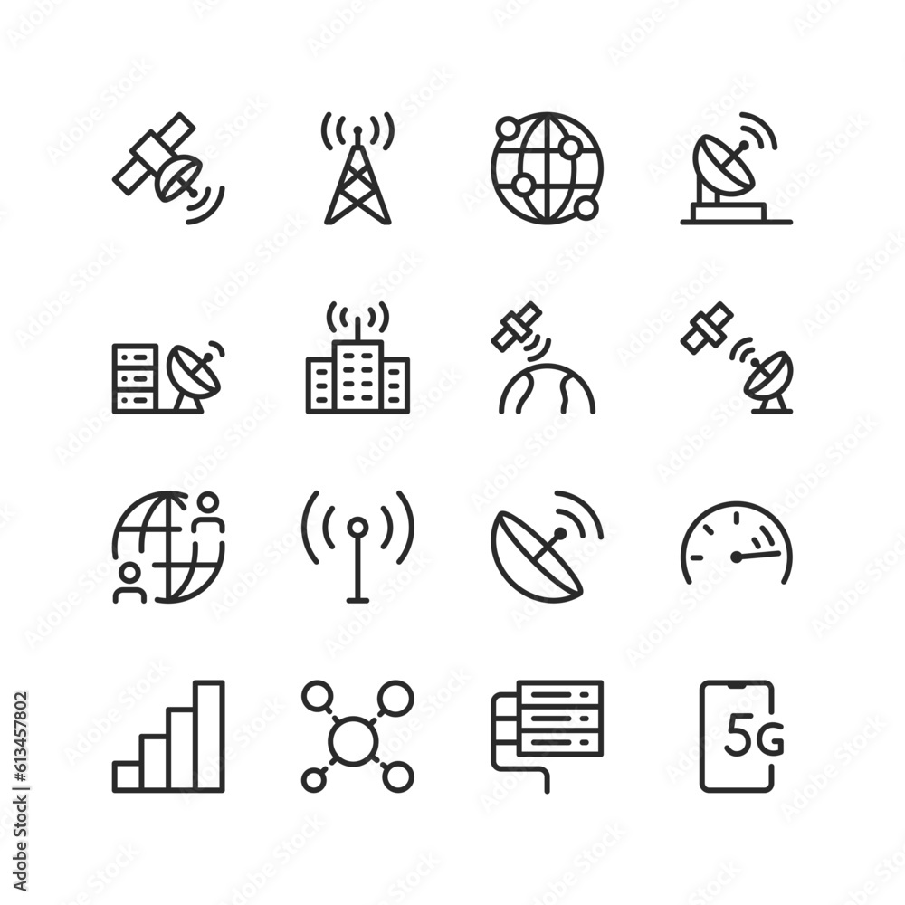 Telecommunications, communications, network, linear style icons set. Transmission and exchange of information. Telephone, satellite, antenna. Modern technologies and innovations. Editable stroke wid