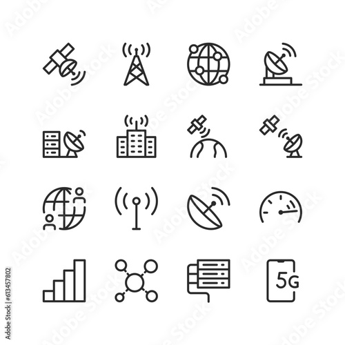 Telecommunications, communications, network, linear style icons set. Transmission and exchange of information. Telephone, satellite, antenna. Modern technologies and innovations. Editable stroke wid