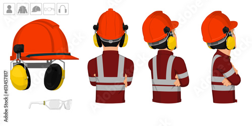 worker with helmet and earmuffs on white background