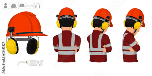worker with helmet and earmuffs on white background
