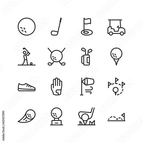 Golf, linear style icons set. Golf paraphernalia. Clubs, balls, gloves, caps, flag. Sports game, leisure. Editable stroke width