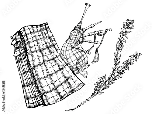 Ink hand drawn vector sketch. Scottish traditional menswear, tartan pattern kilt and bagpipes with heather flower branch. Design for tourism, travel, brochure, wedding, guide, print, card, tattoo.