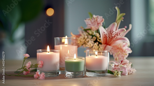 Candle and flower spa background on cozy background