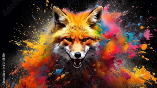 Fox among explosions of multi colored paint. Multicolored fluid. AI Generative. © EltaMax99