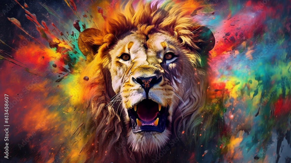 Fototapeta premium Lion among explosions of multi colored paint. Multicolored fluid. AI Generative.