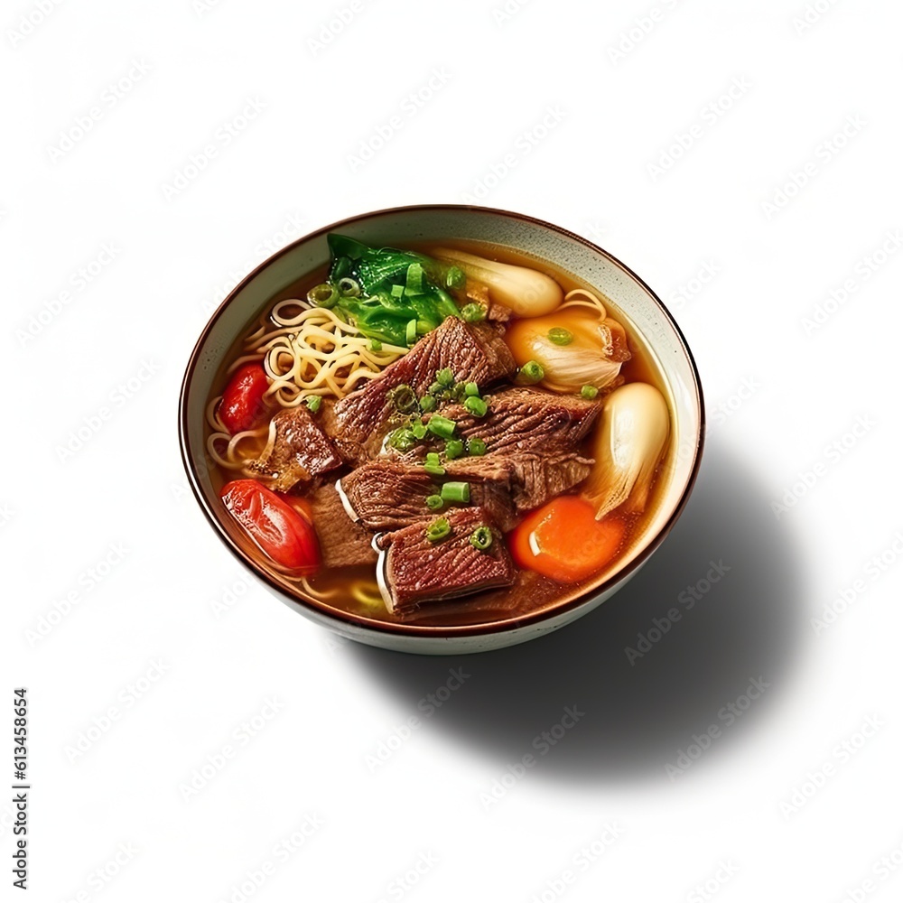 Taiwanese Beef Noodle Soup dish isolated on white background. Generative AI Taiwanese Beef Noodle Soup dish isolated on white background. Generative AI