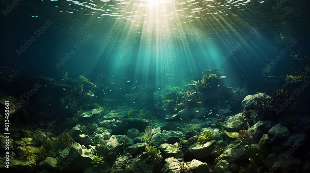 Underwater sunlight through the water surface seen from a rocky seabed with algae. Generative AI Underwater sunlight through the water surface seen from a rocky seabed with algae. Generative AI