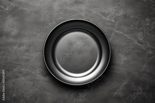 Black stone surface with empty plate. Copy space background. Generative AI
