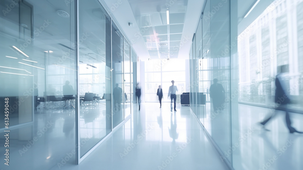 Blurred business people in white glass office