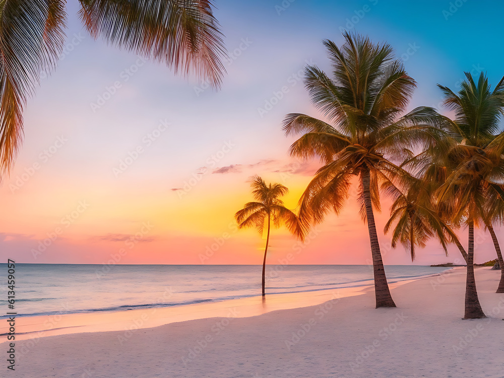 At sunset time on the tropical beach and sea with coconut palm tree, created with generative ai 