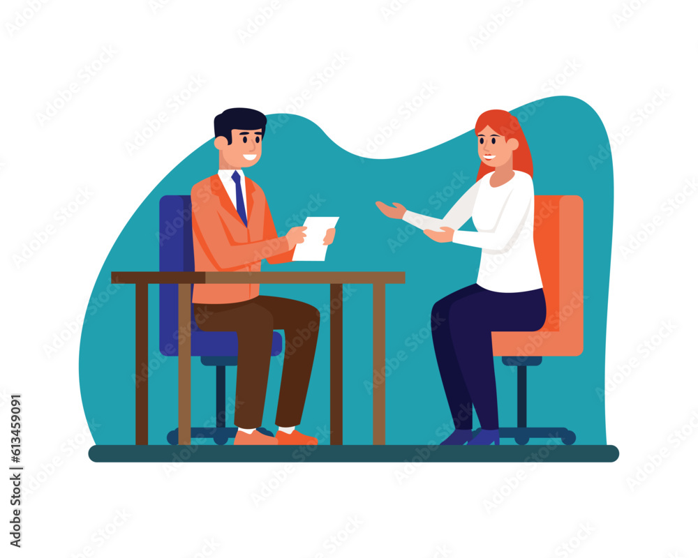 Cartoon HR department manager conducting interview with job seeker. Working in recruitment agency. Headhunting business representatives. Vector illustration