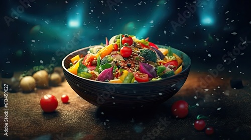 Quinoa salad vegetarian meal on dark background. Generative AI