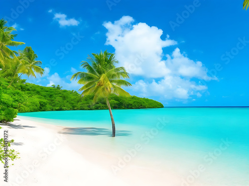 beautiful nature tropical beach and sea with coconut palm tree on paradise island created with generative Ai technology