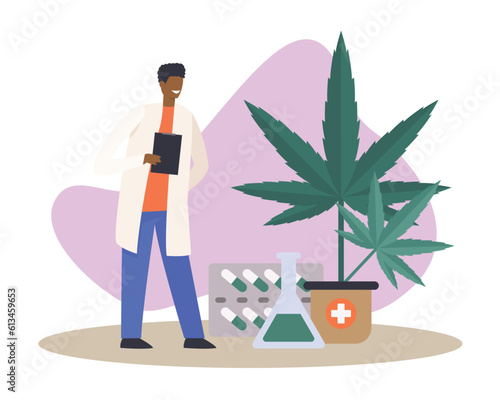 Cartoon african man doctor supporting legality of cannabis for medical and recreational use. Marijuana products cultivation and distribution. Vector flat style illustration