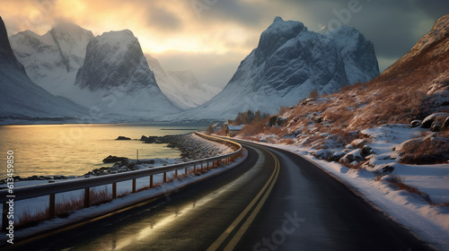 Sunset beautiful winter landscape with road. Created with Generative AI technology © Elaine